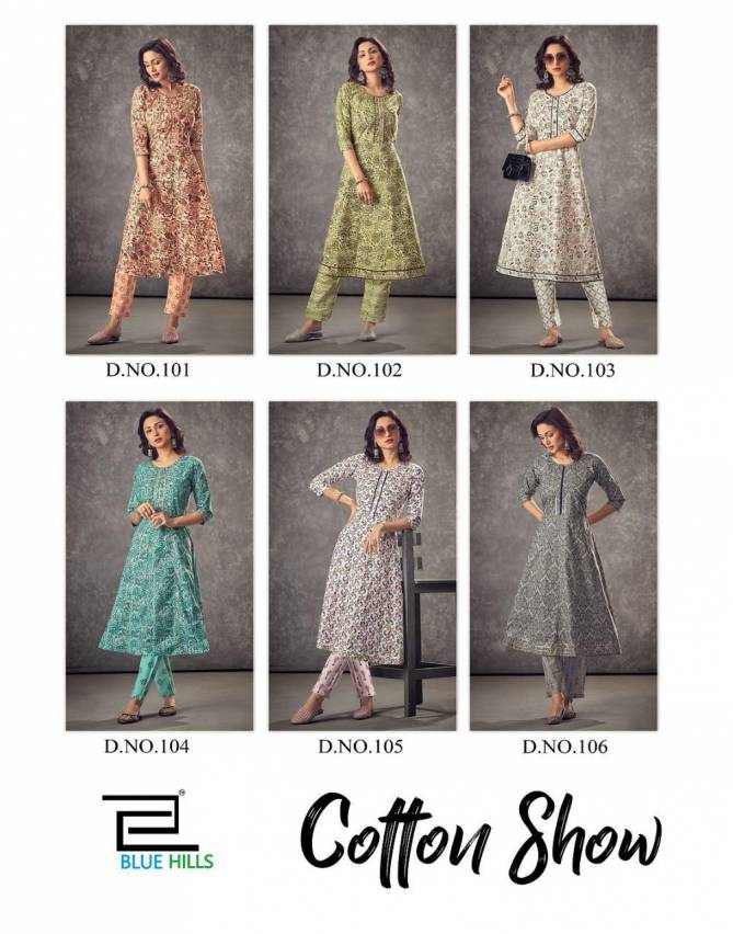 Blue Hills Cotton Show Cotton Printed Ethnic Wear Fancy Kurti With Pant Collection